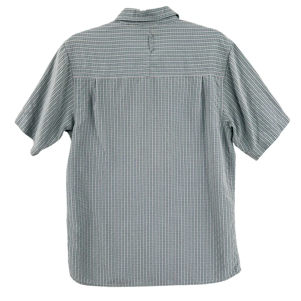 The North Face Vented Plaid Button Down Shirt Mens M Blue Grey Short Sleeve Fish